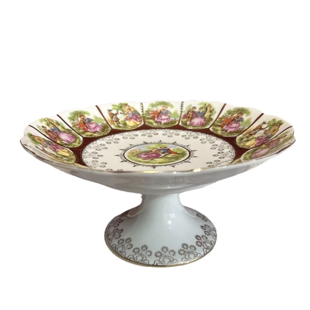 Vintage, Gilded Fragonard Cake Tray Pedestal ARNART Green Pink Blue, White 9.5x5